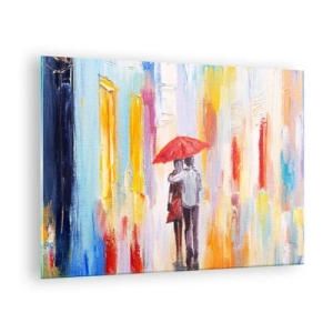 Schilderen op glas - Een stel met een rode paraplu in de regen, afstekend tegen een kleurrijke achtergrond. - 70x50cm - Laat het maar regenen - Moderne wanddecoratie voor woonkamer en slaapkamer ARTTOR