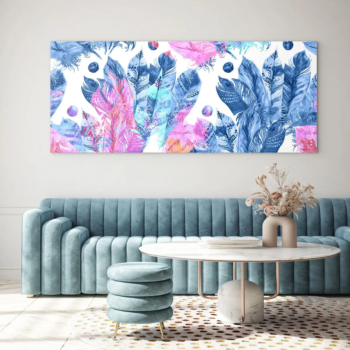 Schilderen op glas - Pluimen in roze en blauw - 100x40 cm