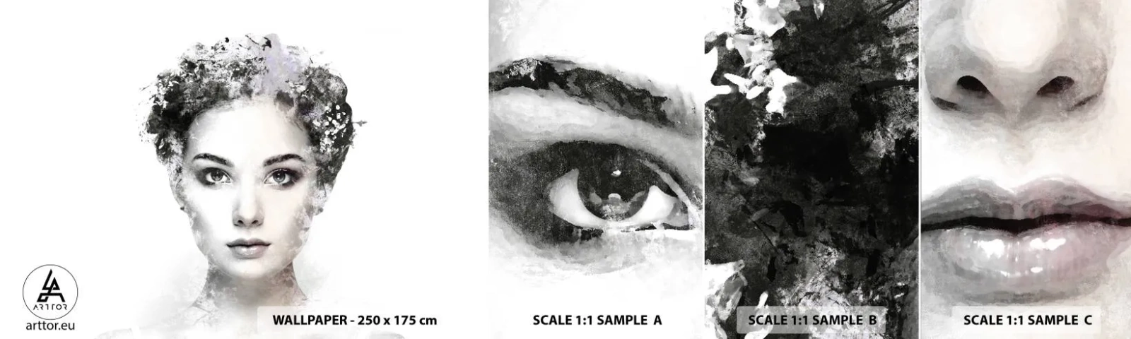 Fotobehang Monster Zelfklevend Deluxe Sticker - Een uiterst stijlvol portret - Het gezicht van de vrouw, Vrouw, Abstractie - 100x30 cm