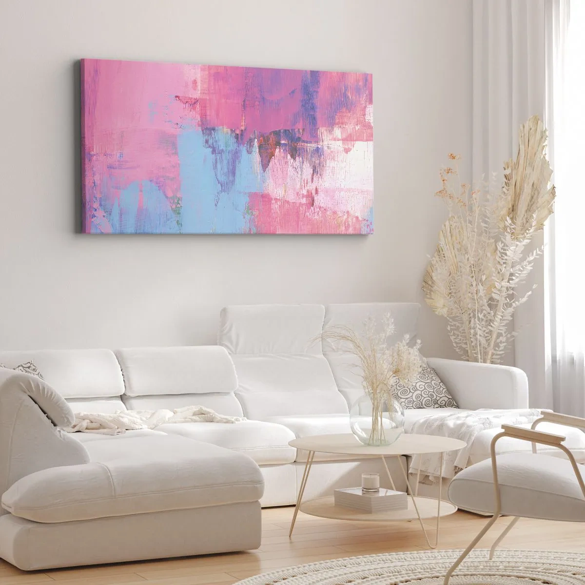 Schilderen op canvas - Roze, blauw en een vleugje licht - 120x50 cm