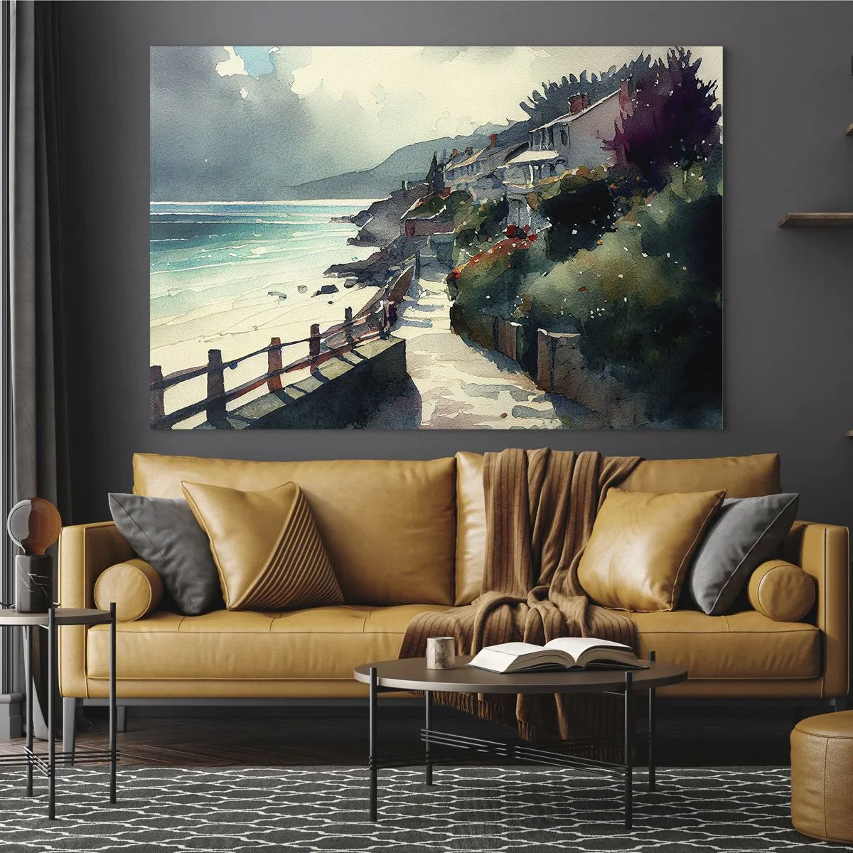Schilderen op glas - Een boulevard aan zee met kleurrijke huizen en water - 70x50cm - Mediterrane stad - Moderne wanddecoratie voor woonkamer en slaapkamer ARTTOR