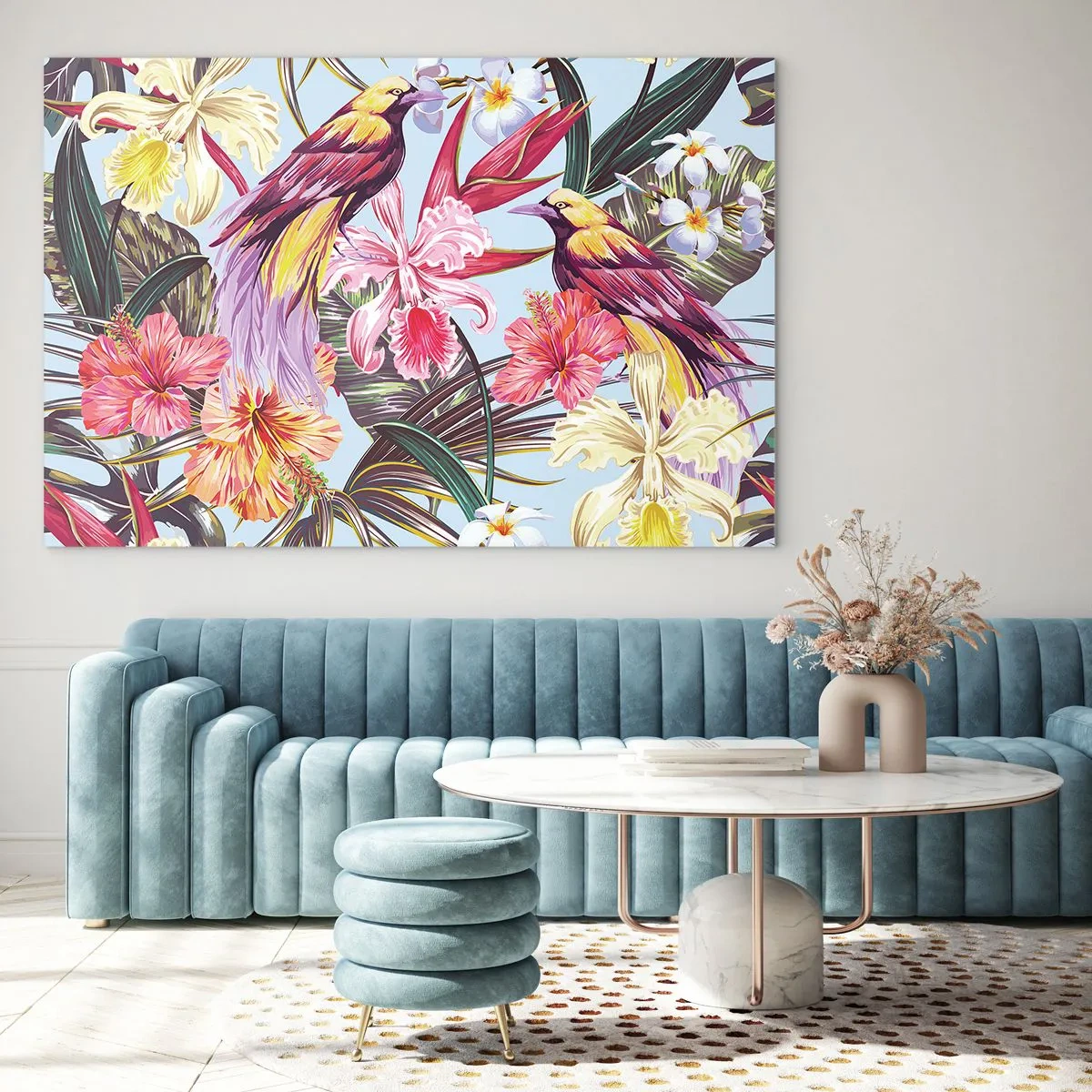 Schilderen op glas - Exotische vogels en bloemen op een lichte achtergrond - 70x50cm - Bloemblaadjes en veren - Moderne wanddecoratie voor woonkamer en slaapkamer ARTTOR