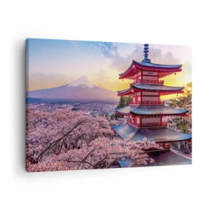 Schilderen op canvas - Een pagode in Japan met kersenbloesem en de berg Fuji - 70x50cm - De essentie van de Japanse geest - Moderne wanddecoratie voor woonkamer en slaapkamer ARTTOR