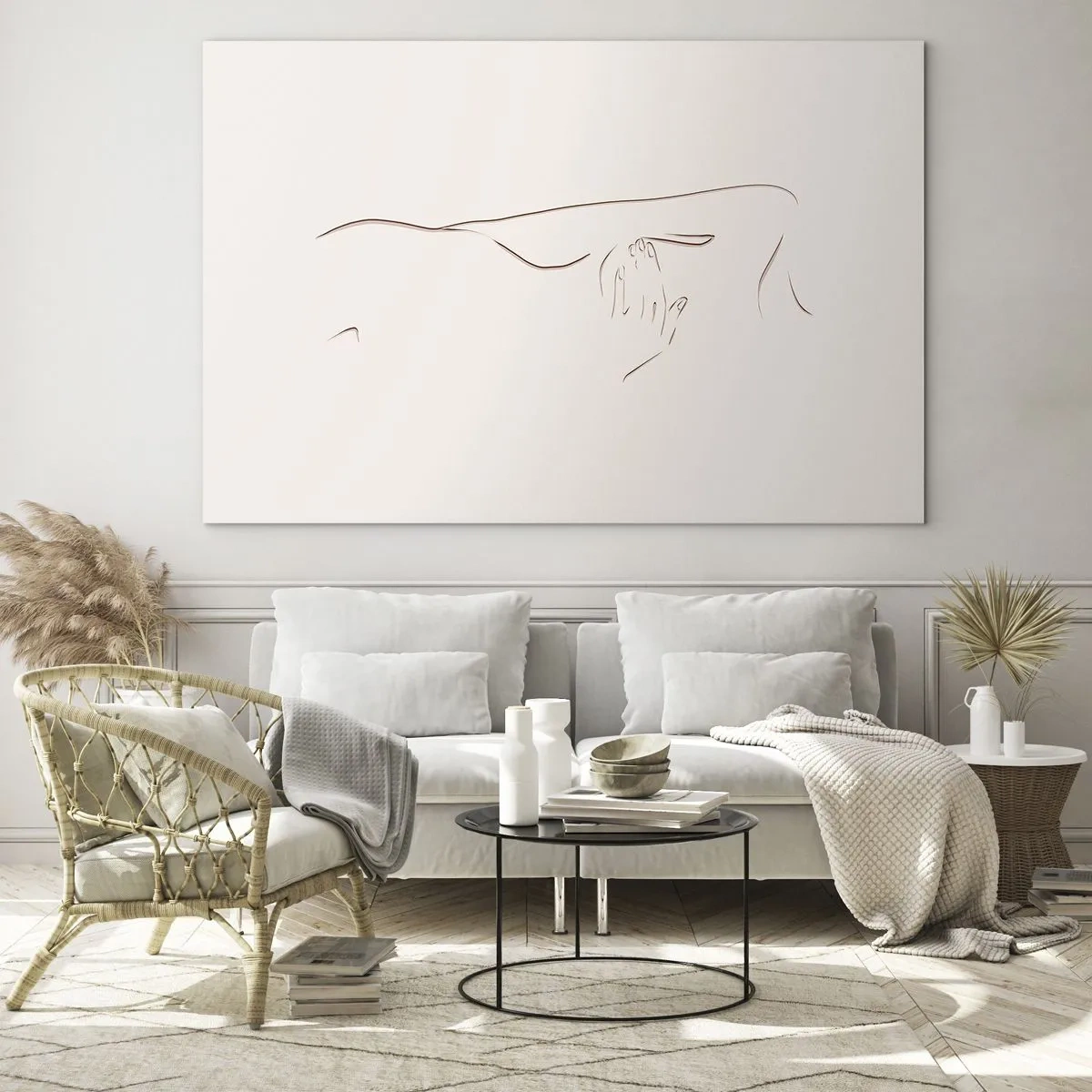 Schilderen op glas - Een abstracte lijn die de contouren van een lichaam weergeeft in een delicate, minimalistische stijl. - 70x50cm - De vorm van verlangen - Moderne wanddecoratie voor woonkamer en slaapkamer ARTTOR
