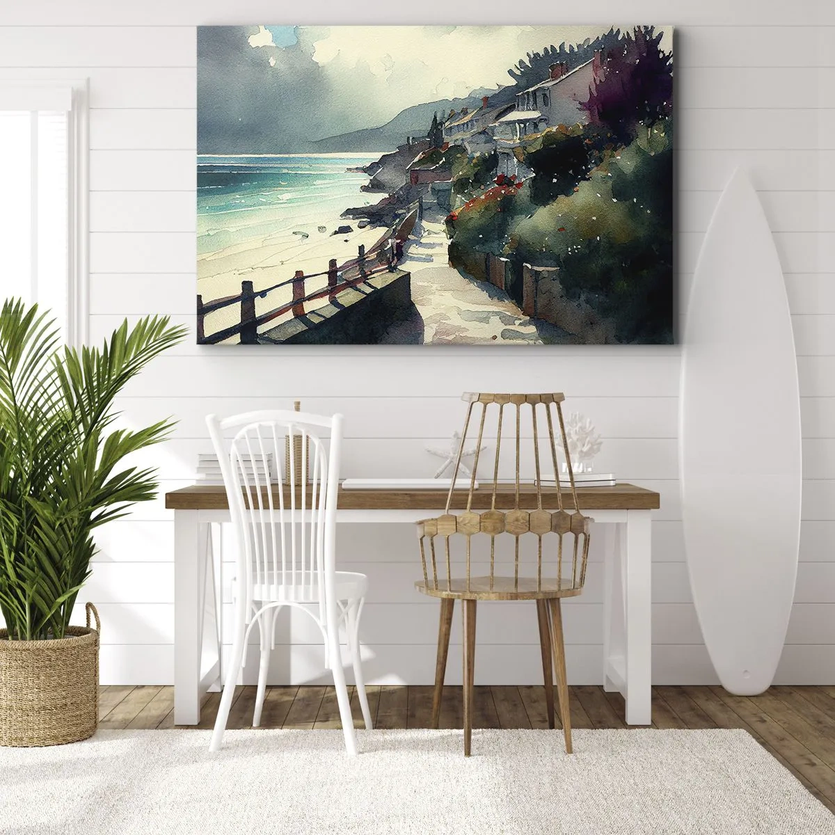 Schilderen op canvas - Zeeboulevard met huizen en vegetatie - 70x50cm - Mediterrane stad - Moderne wanddecoratie voor woonkamer en slaapkamer ARTTOR