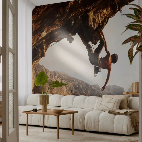 Fotobehang Premium Canvas - De wereld gekrompen in een hand op een rotsblok - Kalymnos-eiland, Rotsklimmen, Landschap - 450x315 cm