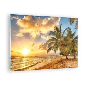 Schilderen op glas - Palmenstrand bij zonsondergang met warme luchtkleuren - 70x50cm - Eeuwige zomer, altijd vakantie - Moderne wanddecoratie voor woonkamer en slaapkamer ARTTOR