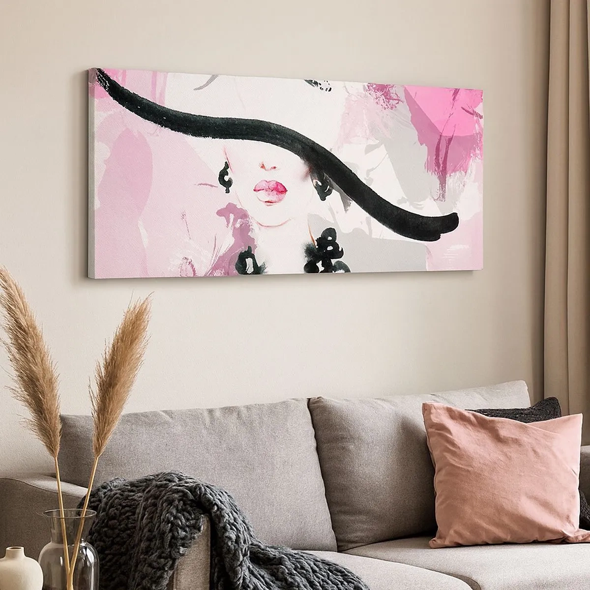 Schilderen op canvas - Portret van een dame in zwart en roze - 100x40 cm