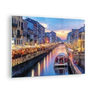 Schilderen op glas - Avondzicht op het verlichte kanaal met boten en cafés - 70x50cm - Een avond vol licht en plezier - Moderne wanddecoratie voor woonkamer en slaapkamer ARTTOR
