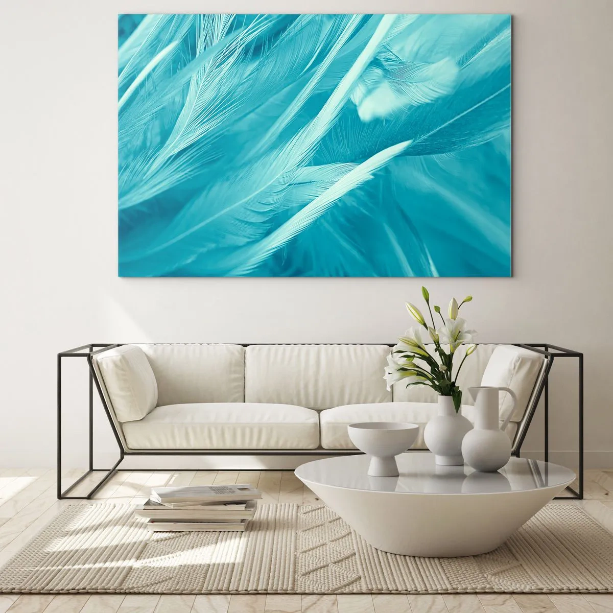 Schilderen op glas - Turquoise veren in een delicate close-up - 70x50cm - Verdrinken in pluisjes - Moderne wanddecoratie voor woonkamer en slaapkamer ARTTOR