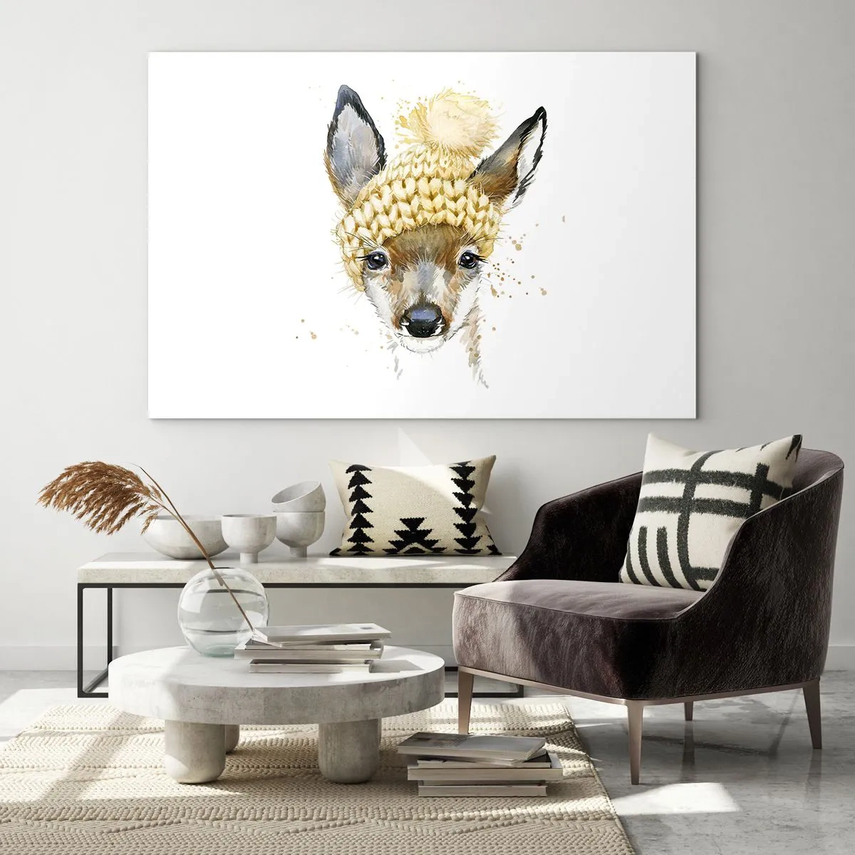 Schilderen op glas - Een ree in een wollen muts met een pompon - 70x50cm - Voor de winter in een besneeuwd bos - Moderne wanddecoratie voor woonkamer en slaapkamer ARTTOR
