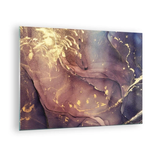 Schilderen op glas - Een abstracte compositie met paarse en gouden vlekken en structuur. - 70x50cm - Materie en geest - Moderne wanddecoratie voor woonkamer en slaapkamer ARTTOR