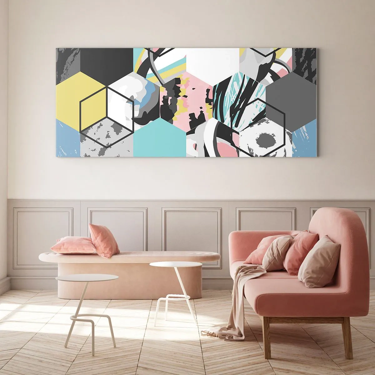 Schilderen op glas - Zeshoeken en kubussen in zes kleuren - 140x50 cm