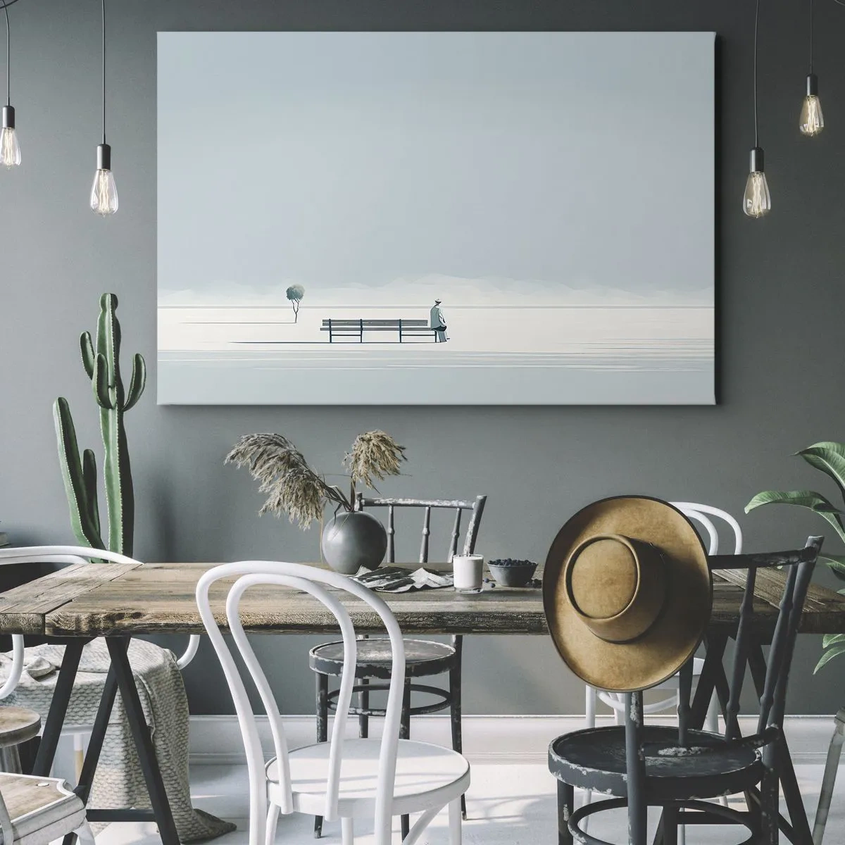Schilderen op canvas - Een persoon zit op een bankje in een minimalistisch landschap - 70x50cm - Ja, ik wacht. - Moderne wanddecoratie voor woonkamer en slaapkamer ARTTOR
