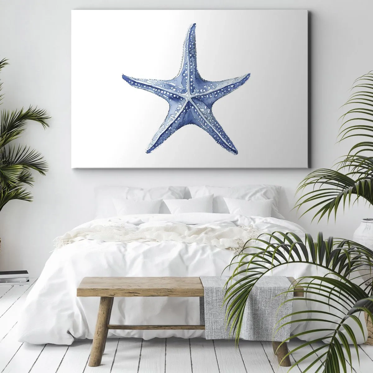 Schilderen op canvas - Blauwe zeester op een witte achtergrond in een minimalistische stijl - 70x50cm - Ster van de zee - Moderne wanddecoratie voor woonkamer en slaapkamer ARTTOR