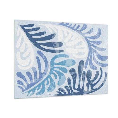 Schilderen op glas - Decoratieve varenbladeren in blauwtinten op een lichte achtergrond - 70x50cm - Blauwe varens - Moderne wanddecoratie voor woonkamer en slaapkamer ARTTOR