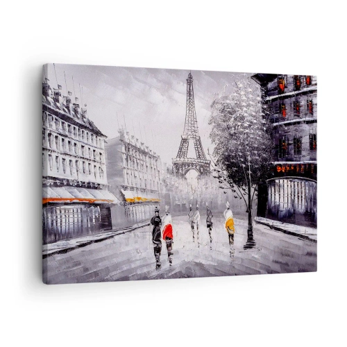 Schilderen op canvas - Een blik op de Eiffeltoren in een monochrome setting met kleuraccenten - 70x50cm - Parijs wandeling - Moderne wanddecoratie voor woonkamer en slaapkamer ARTTOR