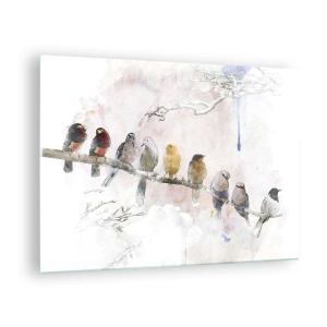 Schilderen op glas - Kleurrijke vogels op een tak in schilderachtige stijl - 70x50cm - Gevleugelde ontmoeting - Moderne wanddecoratie voor woonkamer en slaapkamer ARTTOR