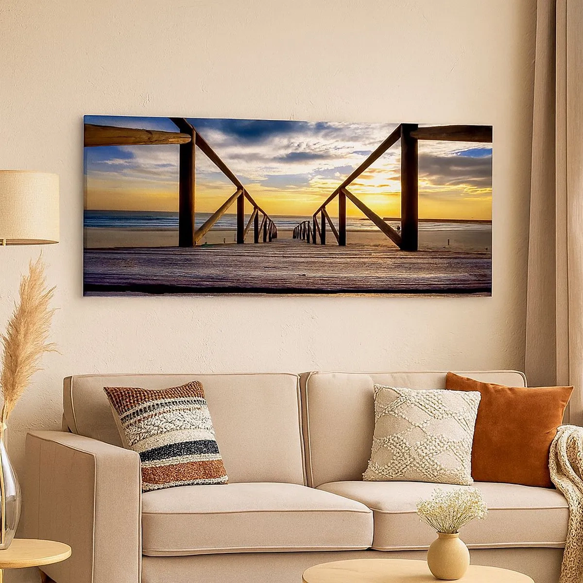 Schilderen op canvas - Rechtstreeks naar het rustige strand bij zonsondergang - 100x40 cm
