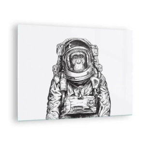 Schilderen op glas - Schets van een aap in een astronautenpak op een witte achtergrond - 70x50cm - Alternatieve evolutie - Moderne wanddecoratie voor woonkamer en slaapkamer ARTTOR