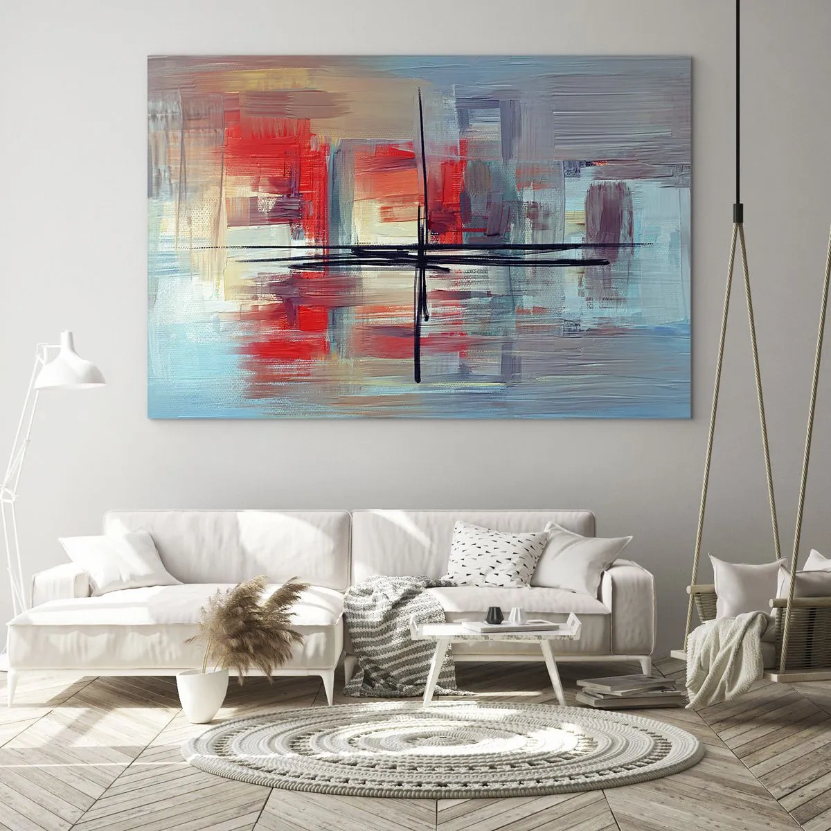 Schilderen op glas - Een kleurrijke abstractie met rood en blauw, geïnspireerd op een landschap. - 70x50cm - Een landschap in een onbekende dimensie - Moderne wanddecoratie voor woonkamer en slaapkamer ARTTOR