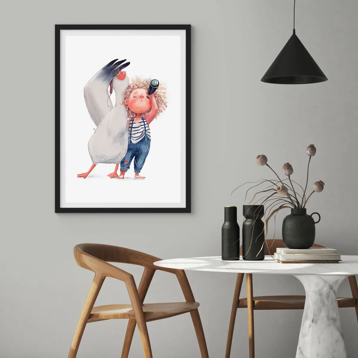 Poster in een zwarte lijst - Illustratie van een kind met een verrekijker en een vogel die hen vergezelt - 50x70cm - Een geweldige reisroute - Moderne wanddecoratie voor woonkamer en slaapkamer ARTTOR