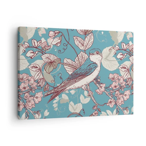 Schilderen op canvas - Een vogel op een tak in een delicate bloemenstijl - 70x50cm - In witte abeel met het zingen van de nachtegaal - Moderne wanddecoratie voor woonkamer en slaapkamer ARTTOR