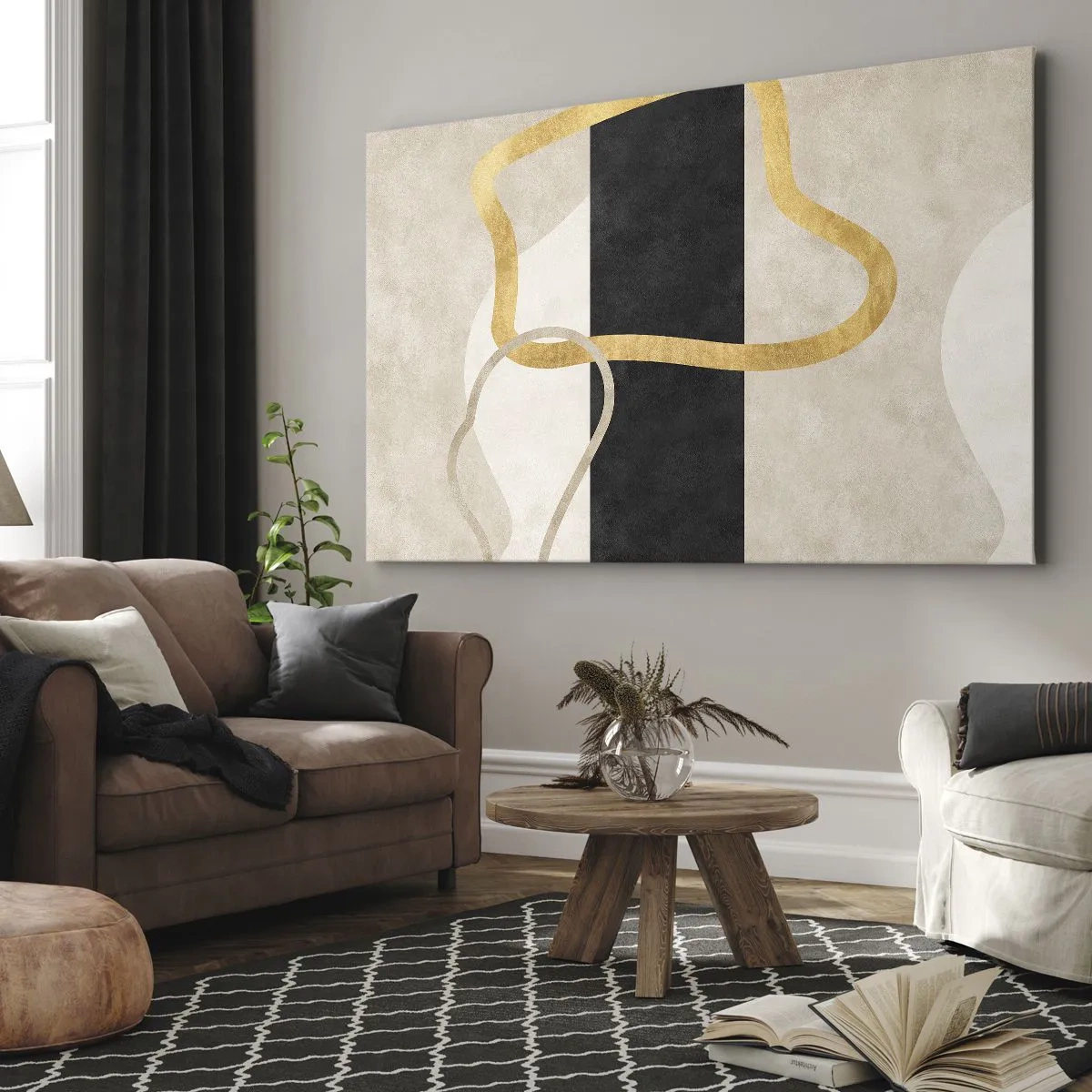 Schilderen op canvas - Een minimalistisch ontwerp met lusvormen in goud en zwart. - 70x50cm - Verwarde vormen - Moderne wanddecoratie voor woonkamer en slaapkamer ARTTOR