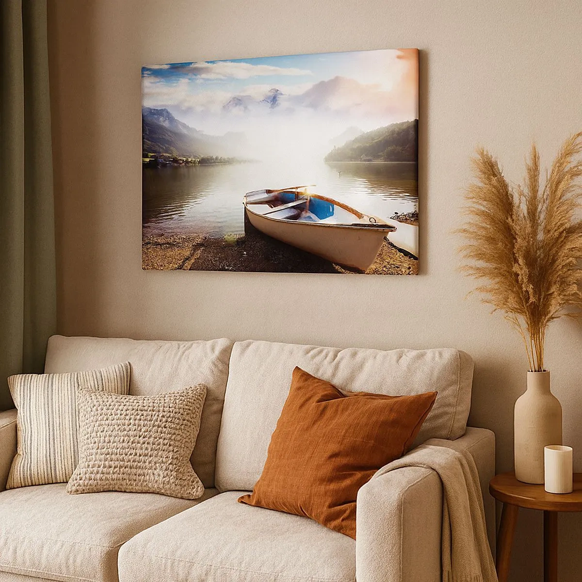 Schilderen op canvas - Een boot aan de oever van een meer met uitzicht op de bergen in de ochtend - 70x50cm - Bij het grote en heldere water - Moderne wanddecoratie voor woonkamer en slaapkamer ARTTOR