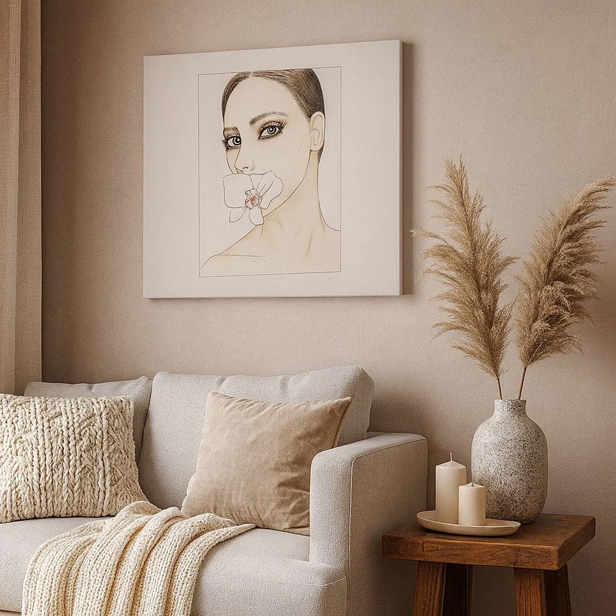 Schilderen op canvas - Portret van een vrouw met een orchidee in delicate kleuren - 70x50cm - Een symbool van elegantie en schoonheid - Moderne wanddecoratie voor woonkamer en slaapkamer ARTTOR