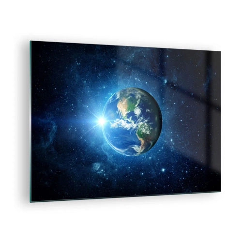 Schilderen op glas - Aarde gezien vanuit de ruimte met lichtstralen - 70x50cm - We zijn in de hemel - Moderne wanddecoratie voor woonkamer en slaapkamer ARTTOR