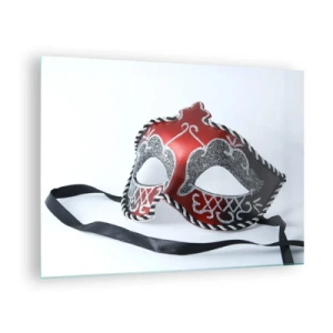 Schilderen op glas - Carnavalsmasker in rood en zilver - 70x50cm - Uitnodiging voor het bal - Moderne wanddecoratie voor woonkamer en slaapkamer ARTTOR