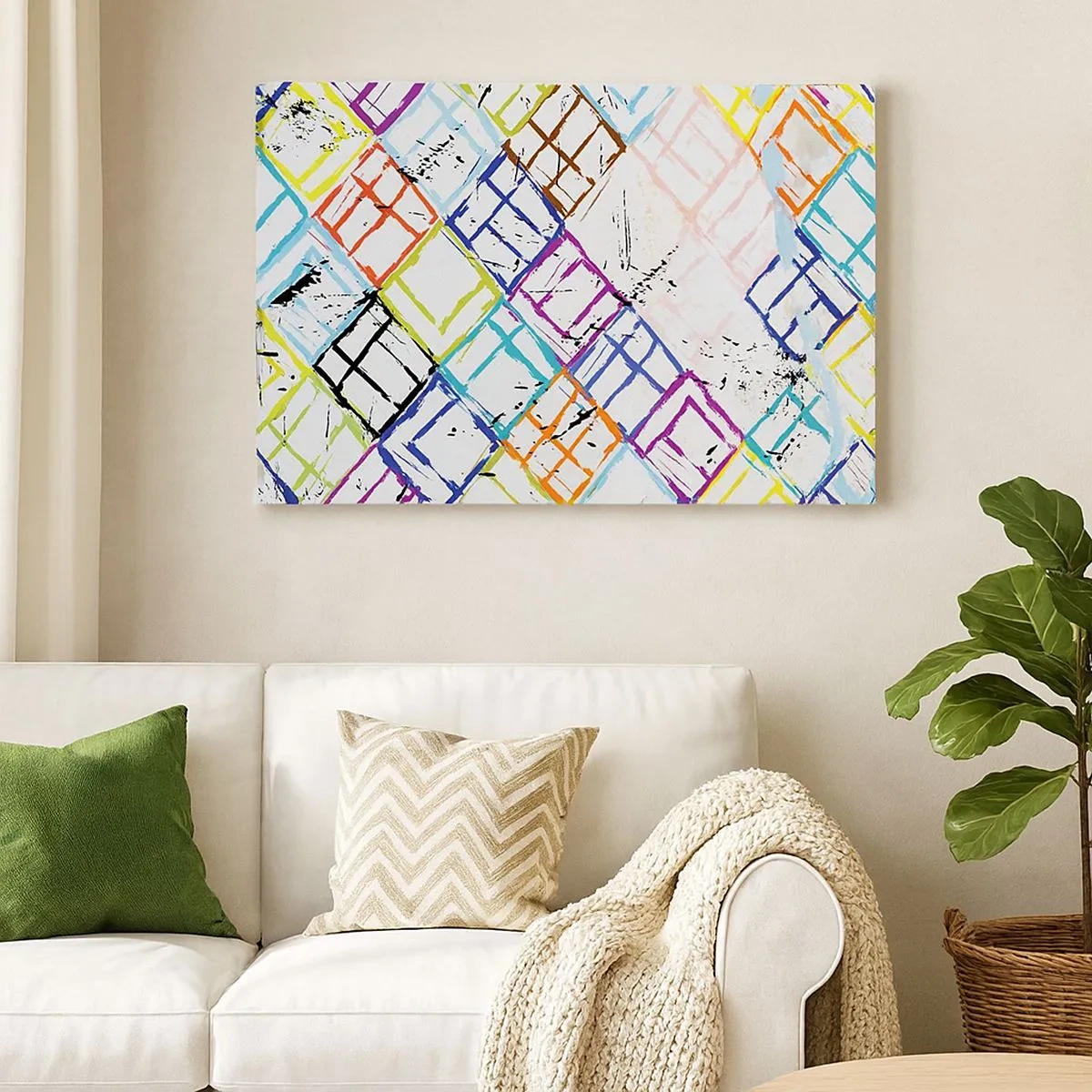 Schilderen op canvas - Kleurrijke abstractie met geometrische vormen op een witte achtergrond - 70x50cm - Cellen te huur - Moderne wanddecoratie voor woonkamer en slaapkamer ARTTOR