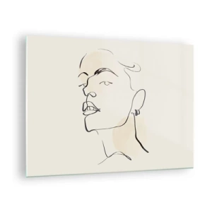 Schilderen op glas - Portret van een vrouw in minimalistische lijnen op een lichte achtergrond - 70x50cm - Een trotse blik - Moderne wanddecoratie voor woonkamer en slaapkamer ARTTOR