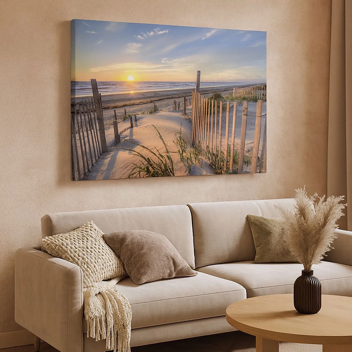 Schilderen op canvas - Zonsondergangstrand met houten hek - 70x50cm - Glans en schaduw van de wind - Moderne wanddecoratie voor woonkamer en slaapkamer ARTTOR