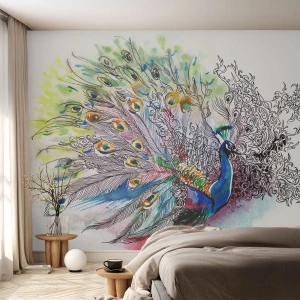 Zelfklevend Fotobehang Deluxe Sticker - Met trots tegen grijs - Vogel, Pauw, Veren - 350x256 cm