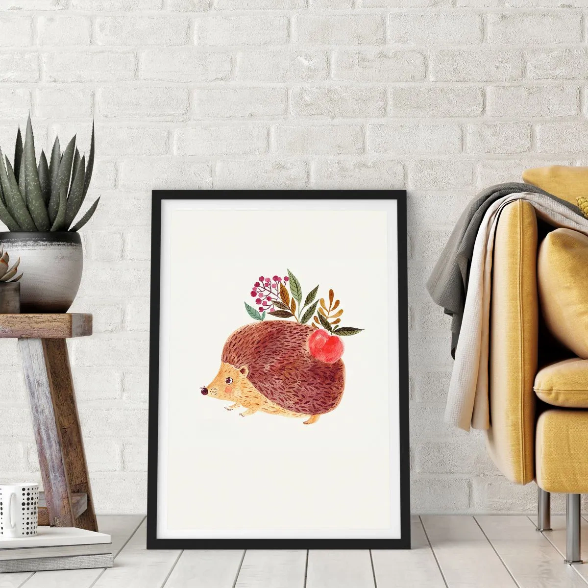 Poster in een zwarte lijst - Een schattige egel met een appel en takjes op een lichte achtergrond - 50x70cm - En je vindt mij al leuk - Moderne wanddecoratie voor woonkamer en slaapkamer ARTTOR