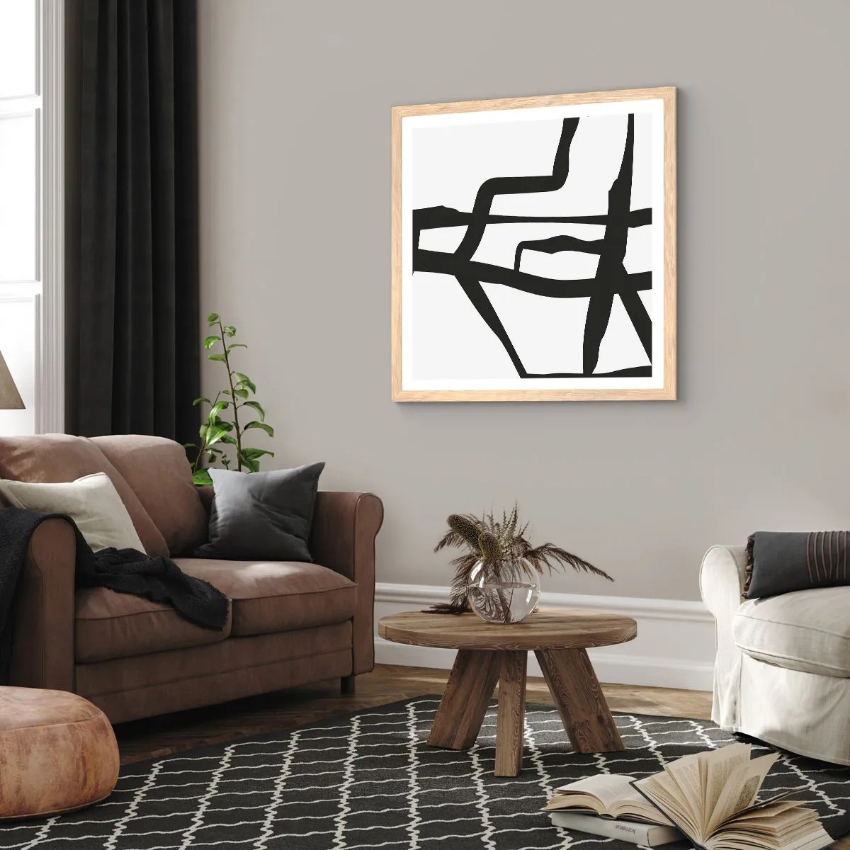Een poster in een licht eiken lijst - Zwart-wit ontwerp - 60x60 cm