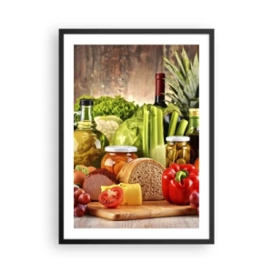 Poster in een zwarte lijst - Kleurrijke groenten en voedselproducten op een houten achtergrond - 50x70cm - Gerookt, gebakken en gemarineerd - Moderne wanddecoratie voor woonkamer en slaapkamer ARTTOR