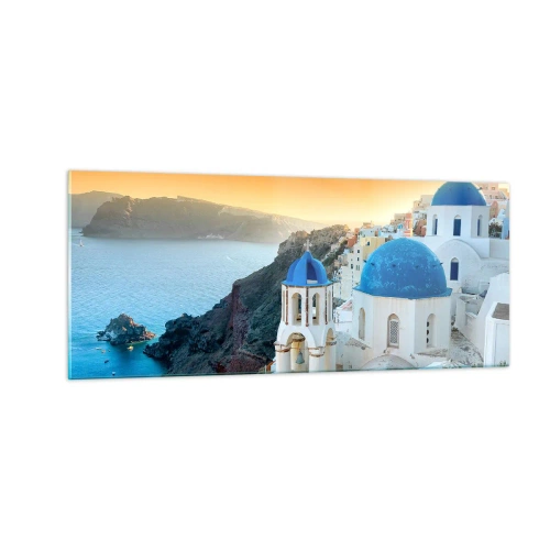 Schilderen op glas - Santorini - genesteld tegen de rotsen - 100x40 cm