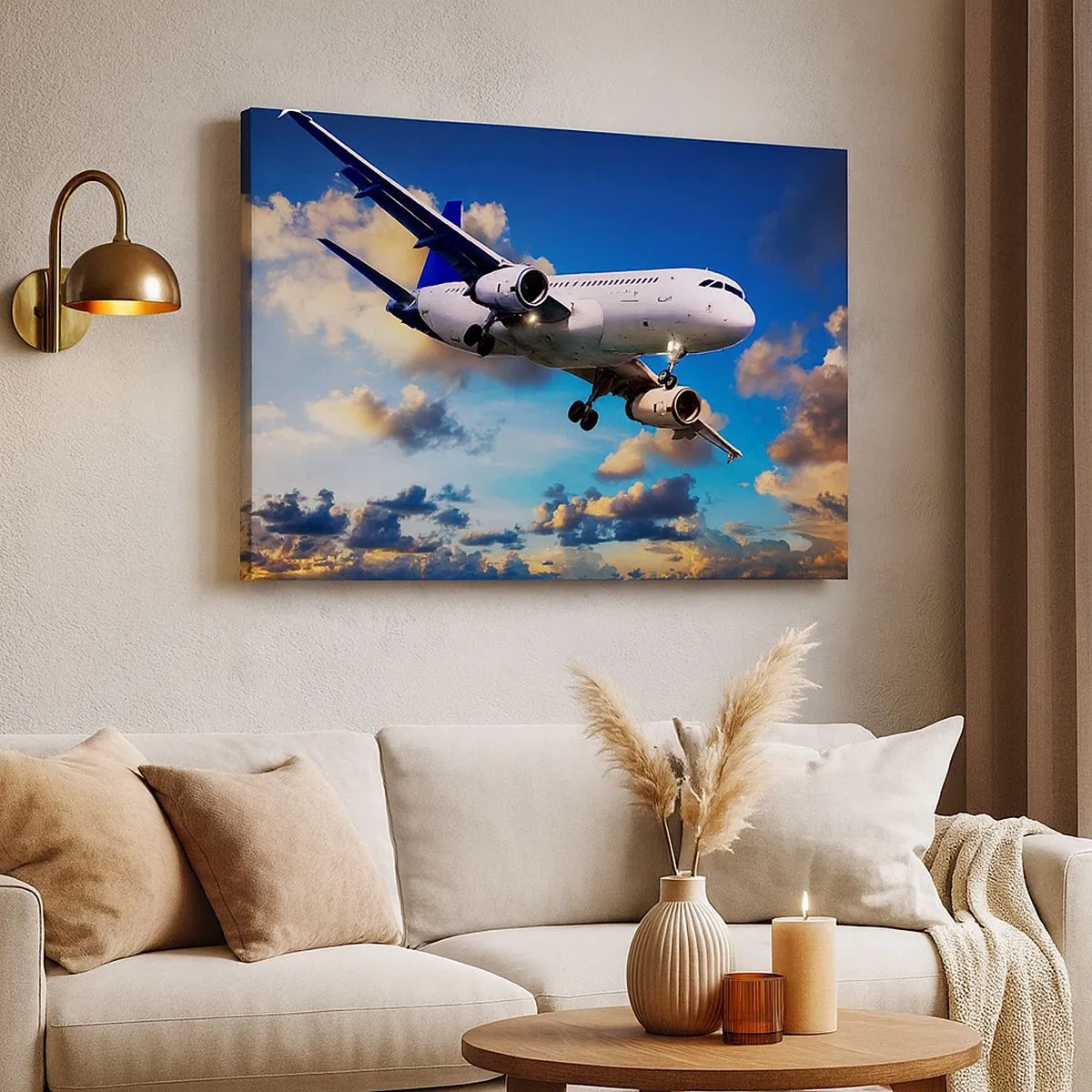 Schilderen op canvas - Een passagiersvliegtuig tegen de wolken bij zonsondergang - 70x50cm - Een reis in wit en blauw - Moderne wanddecoratie voor woonkamer en slaapkamer ARTTOR