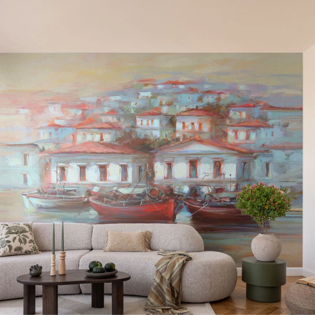 Fotobehang Premium Sand - Gelukkige stad - Architectuur, Zeilboot, Haven - 100x70 cm