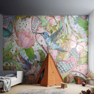 Fotobehang Standard Eco - Kleurrijke kolibries en vlinders tussen bloemen tegen een patroonachtergrond - 100x70cm - Verstrikt in wijnstokken - Moderne wanddecoratie voor woonkamer en slaapkamer ARTTOR