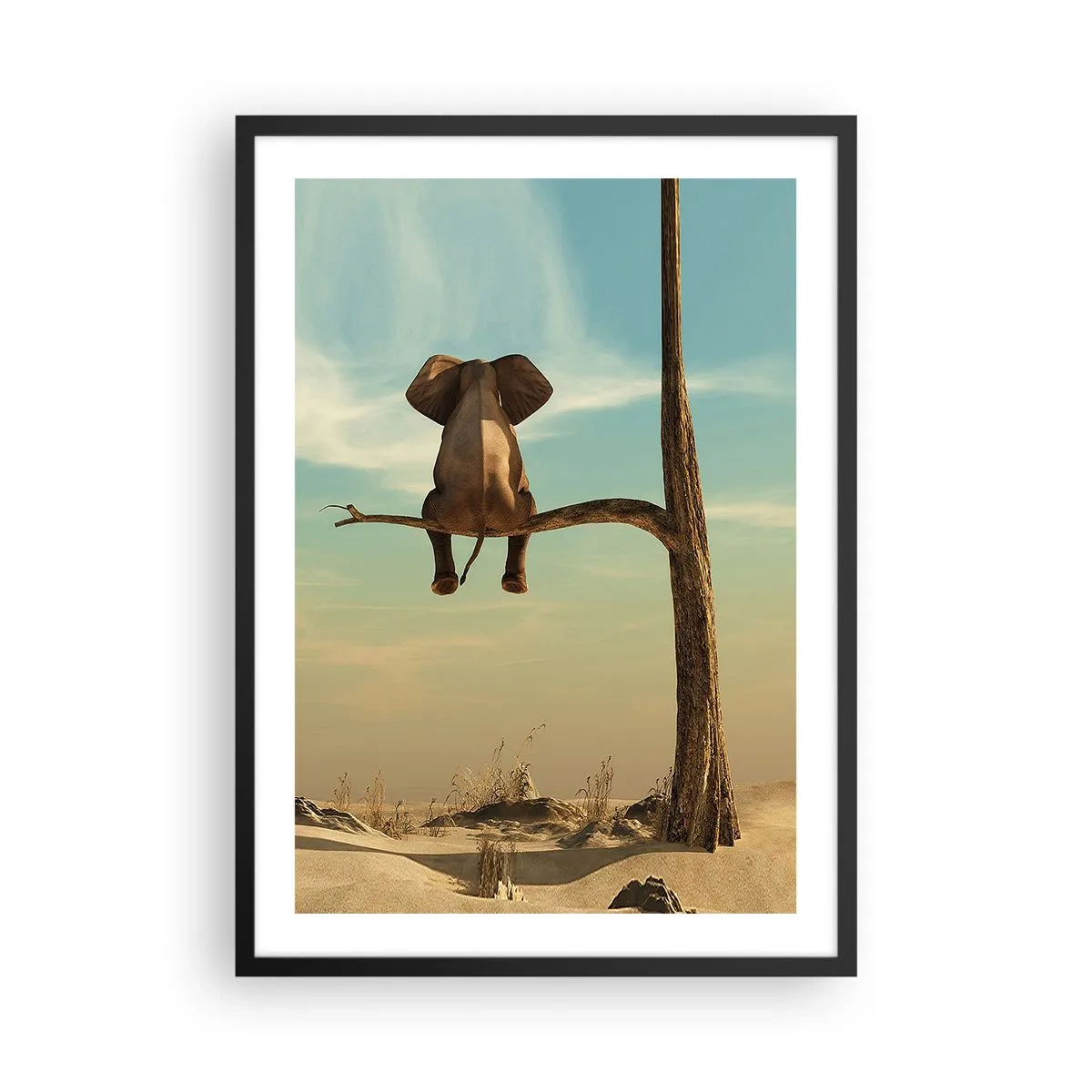 Poster in een zwarte lijst - Een olifant zit op een tak met een woestijnlandschap op de achtergrond. - 50x70cm - Een nieuw gezichtspunt - Moderne wanddecoratie voor woonkamer en slaapkamer ARTTOR