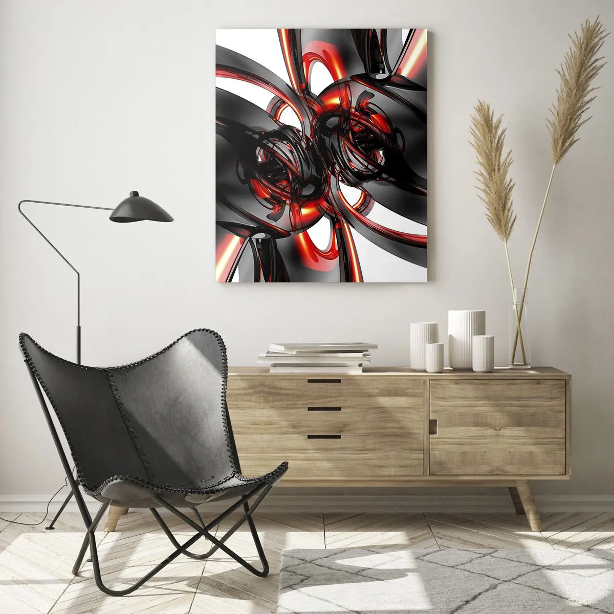 Schilderen op glas - Beweging in grafiet en rood - 80x120 cm