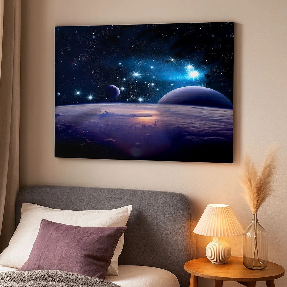 Schilderen op canvas - Een blik op de ruimte met planeten en sterren - 70x50cm - Nog steeds alleen? - Moderne wanddecoratie voor woonkamer en slaapkamer ARTTOR
