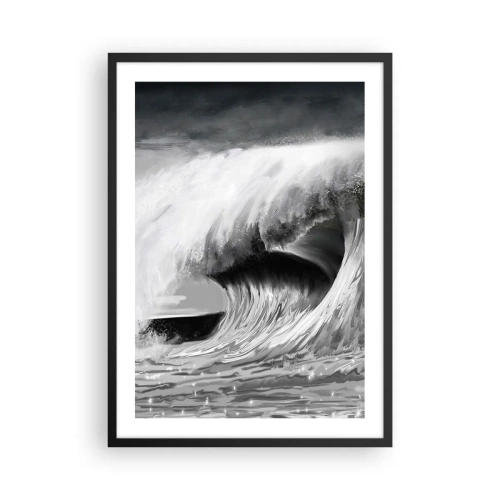 Poster in een zwarte lijst - Een krachtige golf in grijstinten - 50x70cm - De woede van de oceaan - Moderne wanddecoratie voor woonkamer en slaapkamer ARTTOR