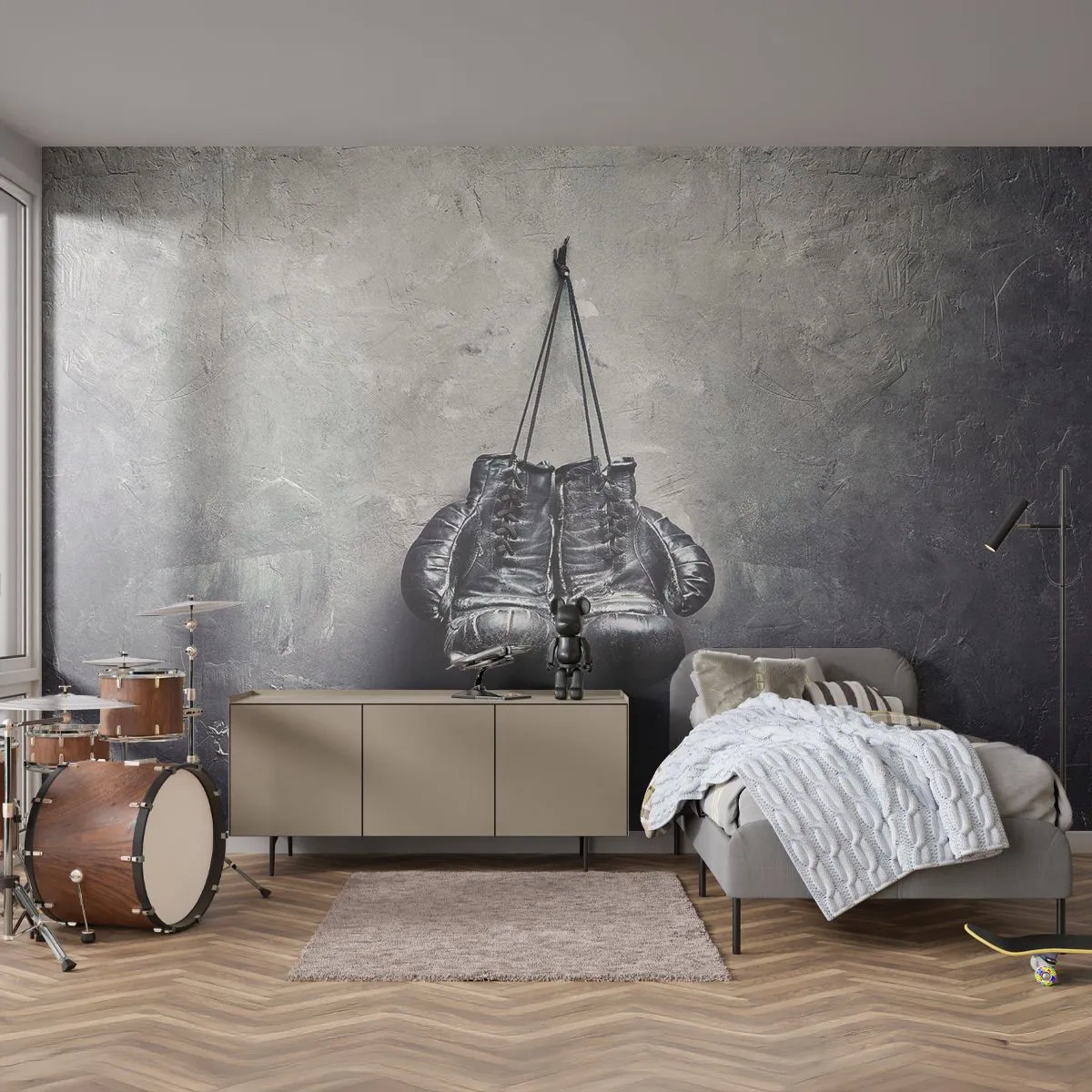 Fotobehang Premium Sand - Tijd van strijd en Tijd van vrede - Doos, Bokshandschoenen, Vintage - 350x256 cm