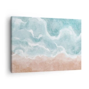 Schilderen op canvas - Abstract strand met golven in tinten blauw en beige - 70x50cm - Wolkenabstractie - Moderne wanddecoratie voor woonkamer en slaapkamer ARTTOR