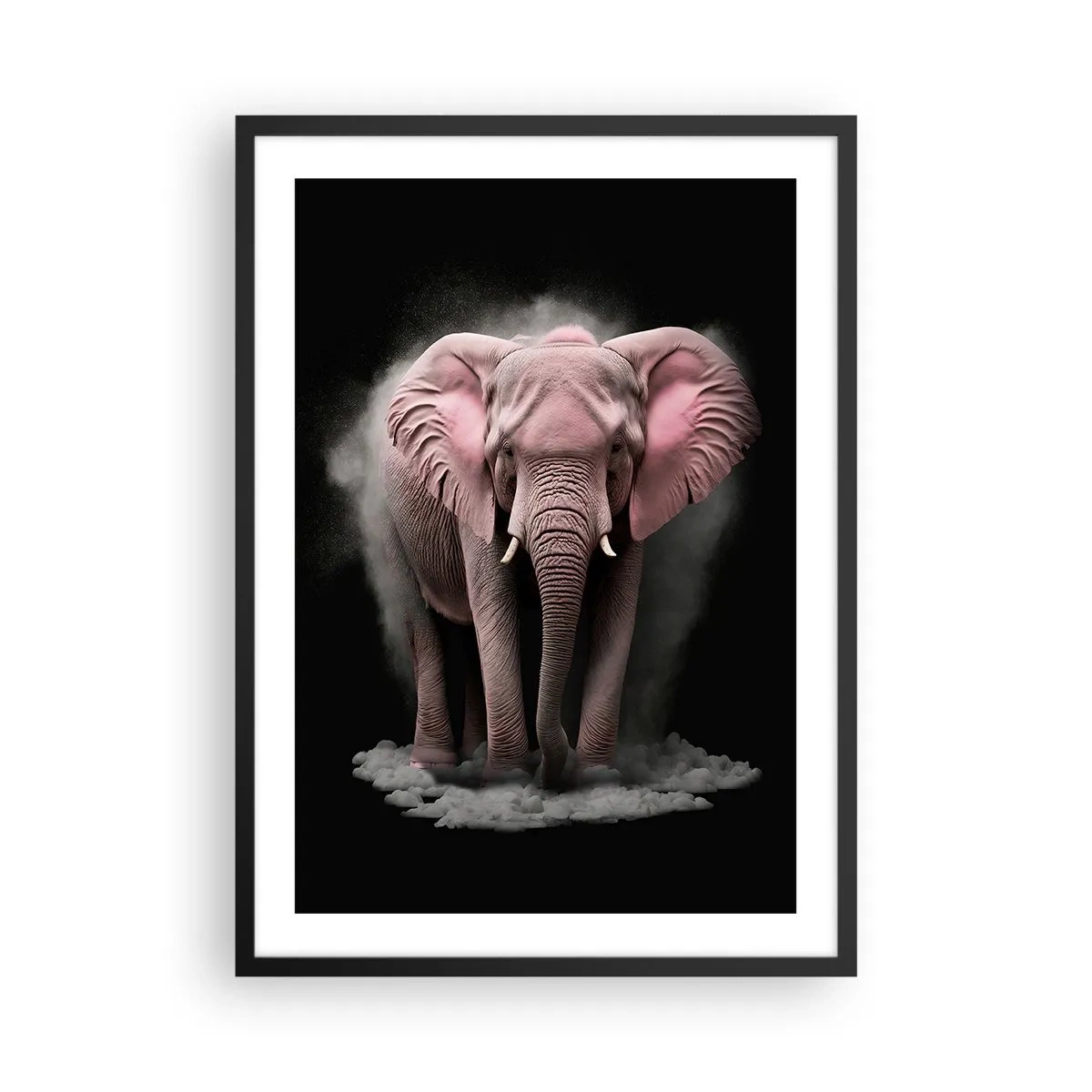 Poster in een zwarte lijst - Een roze olifant in een dynamische, zwarte ruimte - 50x70cm - Denk niet aan een roze olifant! - Moderne wanddecoratie voor woonkamer en slaapkamer ARTTOR